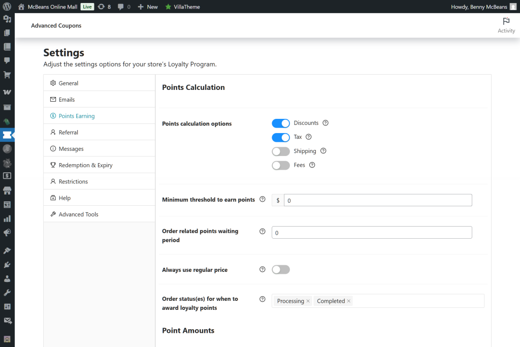 WordPress Advanced Coupons 'Points Calculation' settings screen showing toggles for Discounts and Tax, thresholds and order statuses for loyalty points.