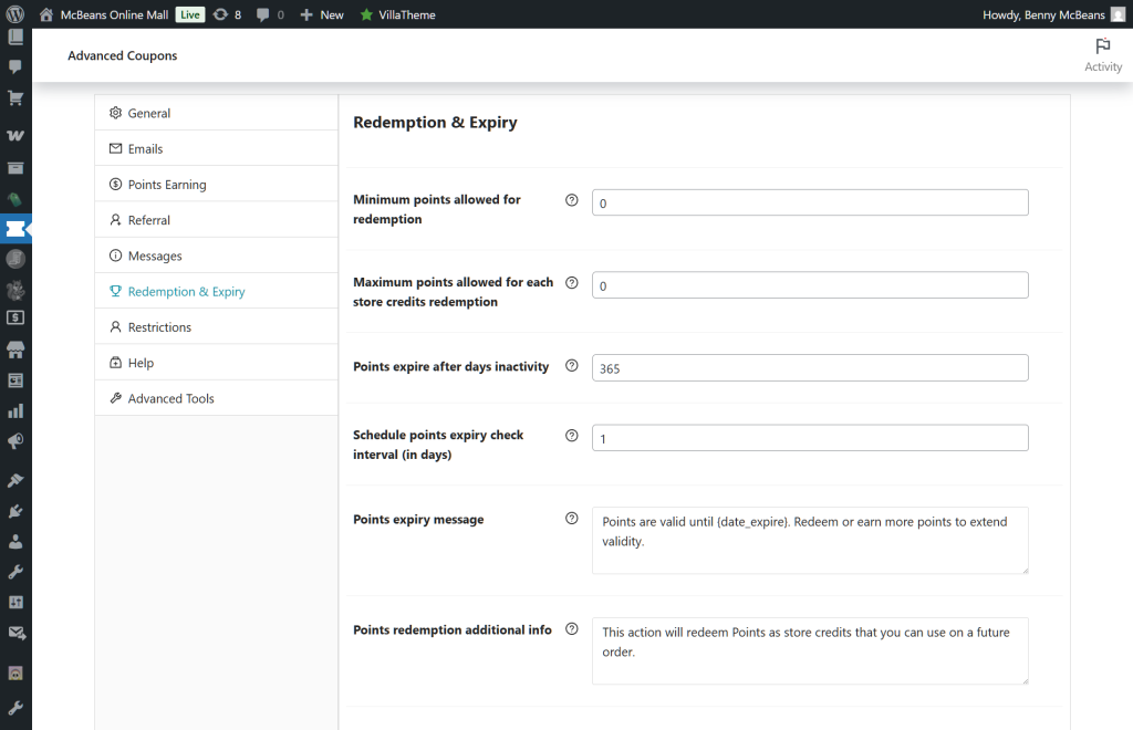 Admin dashboard displaying Advanced Coupons 'Redemption and Expiry' settings, showing points expiry days, redemption limits, schedule interval, and expiry messages.