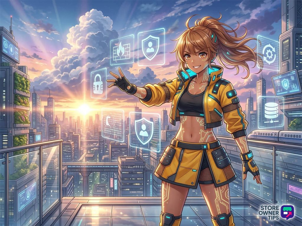 Confident cyberpunk woman in yellow jacket manipulates floating holographic security icons on a rooftop terrace overlooking a glowing futuristic city at sunset.