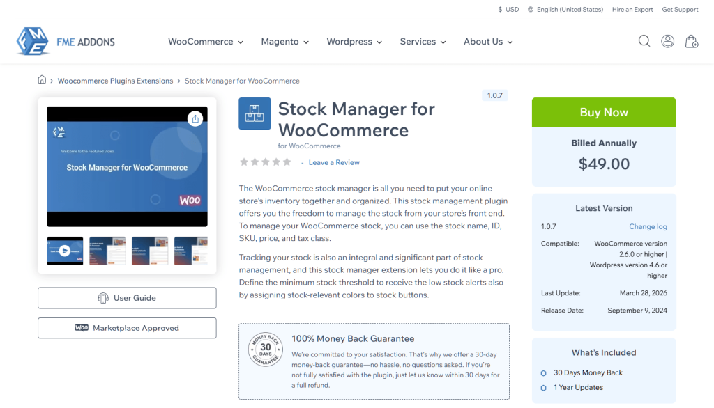 Product page for the Stock Manager for WooCommerce plugin, showing description, video preview thumbnails,  annual price, and Buy Now button.