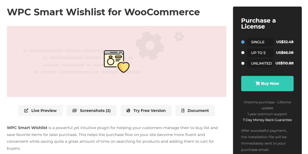 Product page for WPC Smart Wishlist for WooCommerce plugin shows header, large illustration, pricing options in dark sidebar, and prominent green 'Buy Now' button.