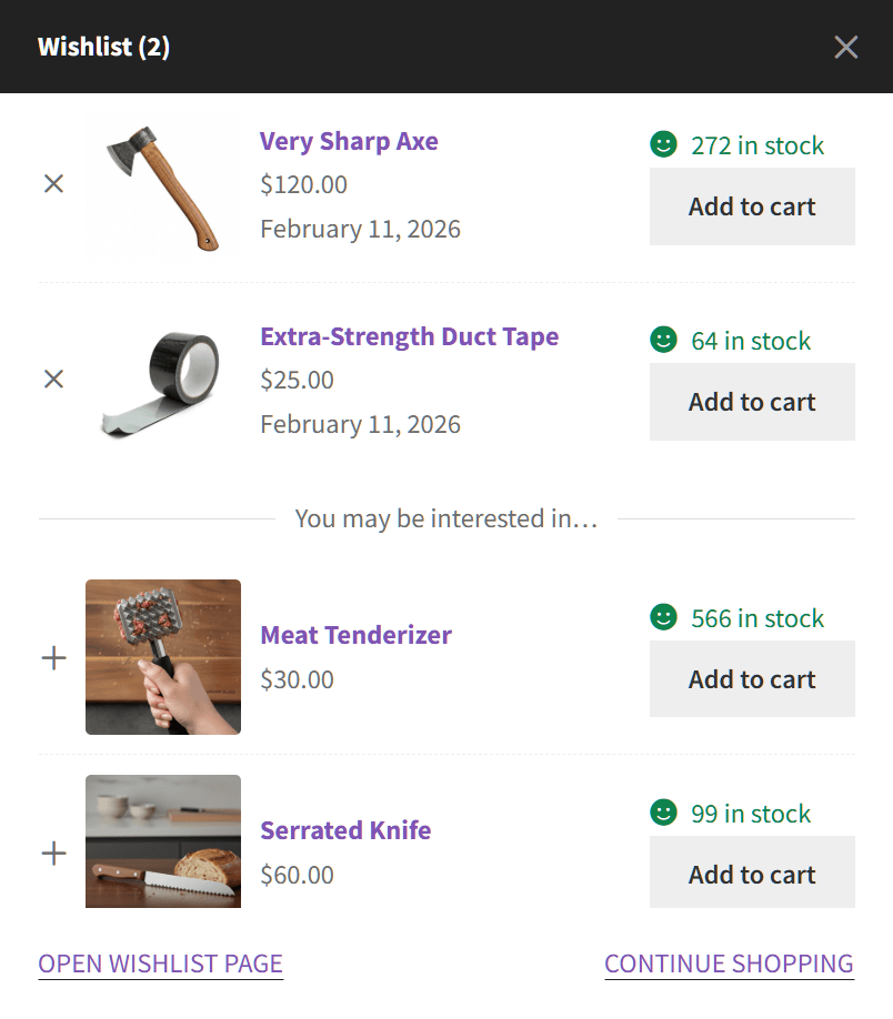 E-commerce wishlist modal showing two saved items (axe and duct tape), recommended kitchen tools, stock counts and Add to cart buttons.