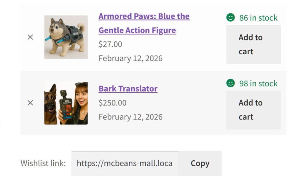 Gemini said The WPC Smart Wishlist page showing a list of saved products with product details, stock status, and add to cart buttons, along with a copyable wishlist link at the bottom.