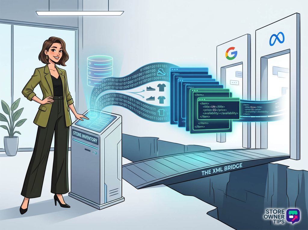 A graphic novel illustration showing an XML feed acting as a data bridge between an online store's inventory and advertising platforms.