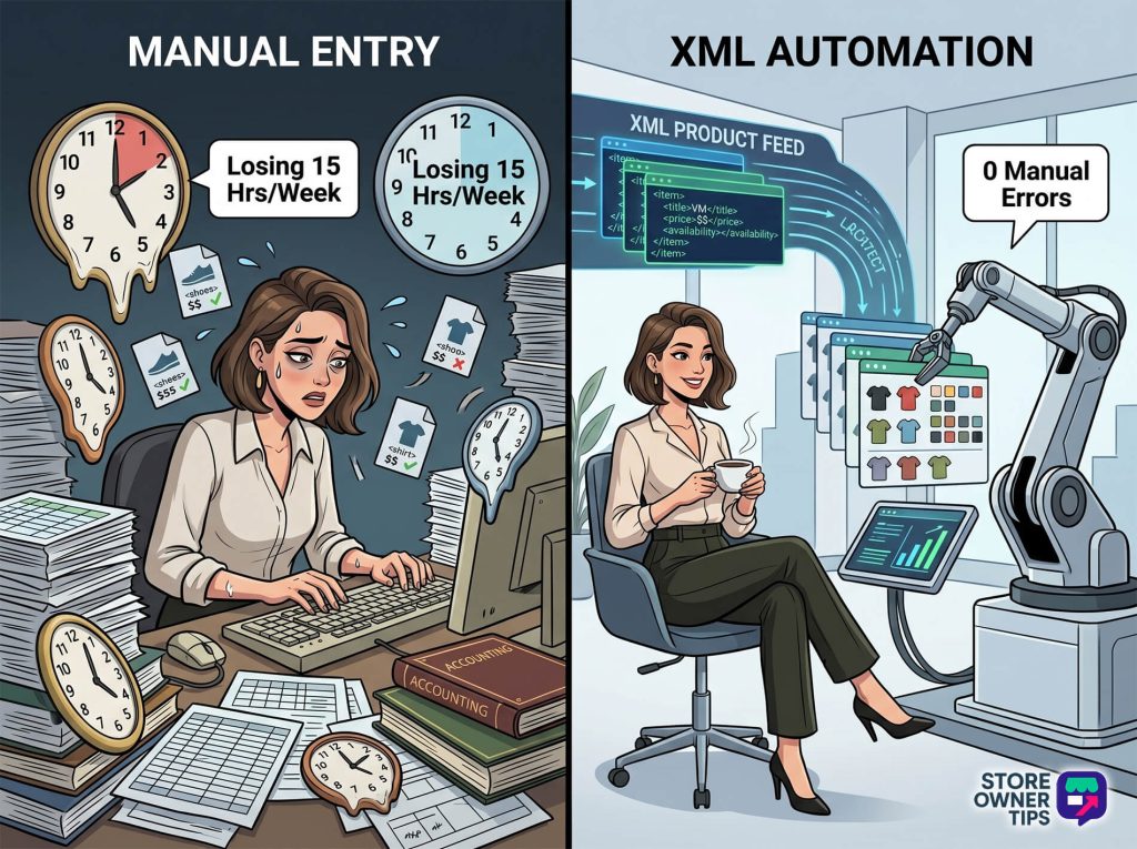 An infographic comparing the stress of manual product updates with the efficiency of an automated XML feed managing complex catalogs.
