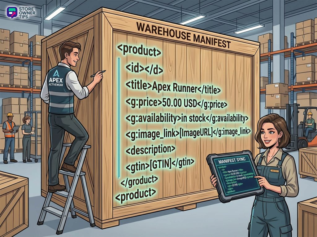 A diagram visualizing product data organized inside nested XML tags, using a warehouse shipping manifest analogy.