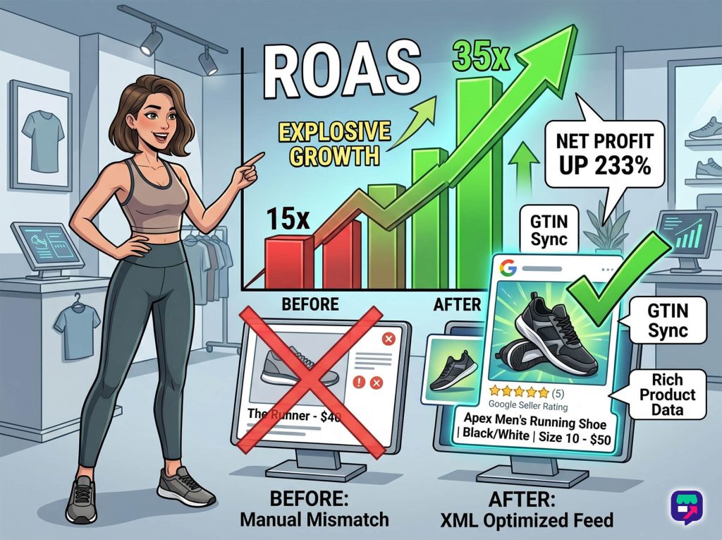 A stylized comic panel illustrating the significant increase in Return on Ad Spend (ROAS) after optimizing an XML product feed with rich data.