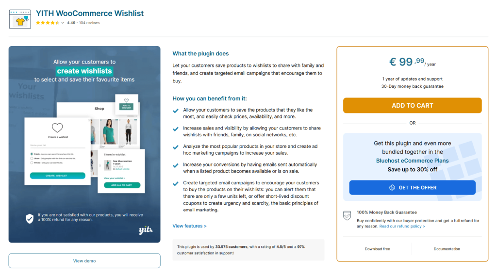 Product page for YITH WooCommerce Wishlist plugin showing how customers create wishlists, feature list, and €99.99/year pricing with Add to Cart