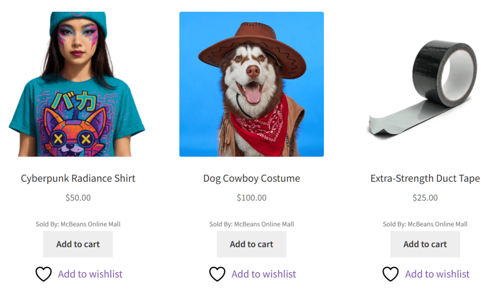 YITH WooCommerce Wishlist "Add to wishlist" buttons displayed on a WooCommerce shop page below product listings for a cyberpunk shirt, dog cowboy costume, and duct tape.
