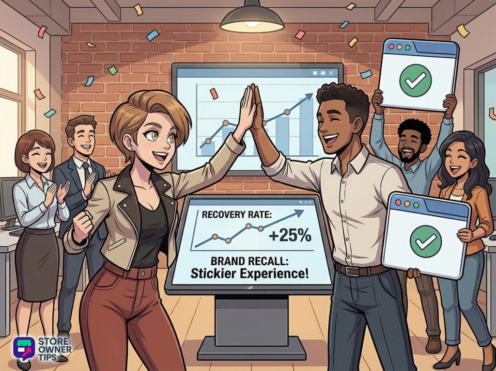 A diverse e-commerce team celebrates a significant increase in sales and brand recall after optimizing for task-specific tension.