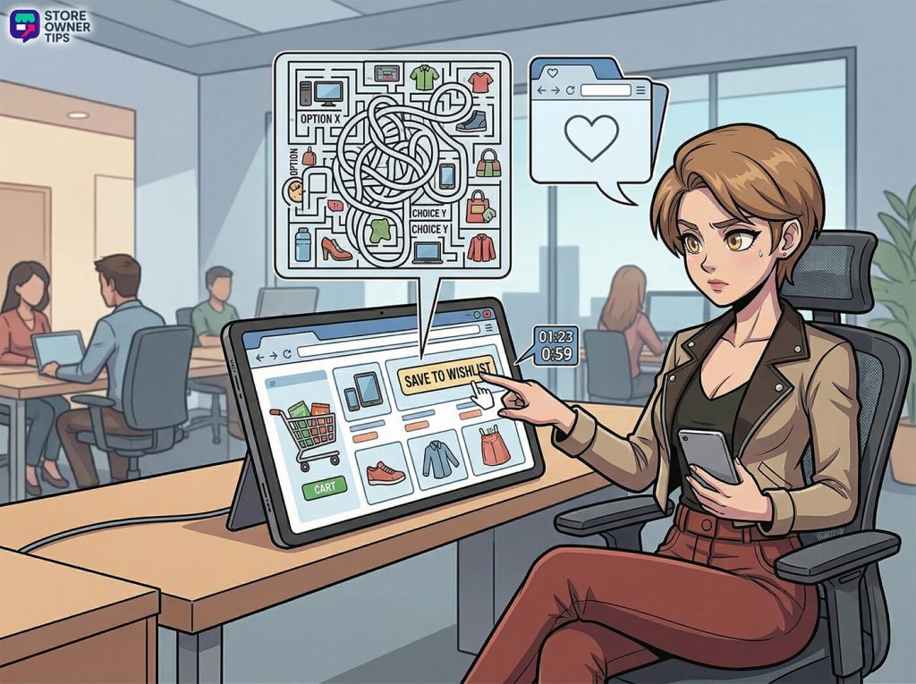 A customer uses a wishlist feature to narrow down overwhelming options and start an action.