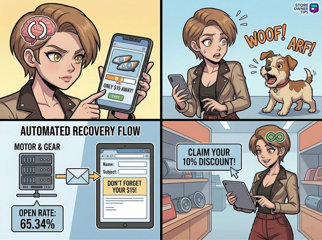 A comic panel illustrating a specific e-commerce store recovering a lost sale using a multi-step flow.