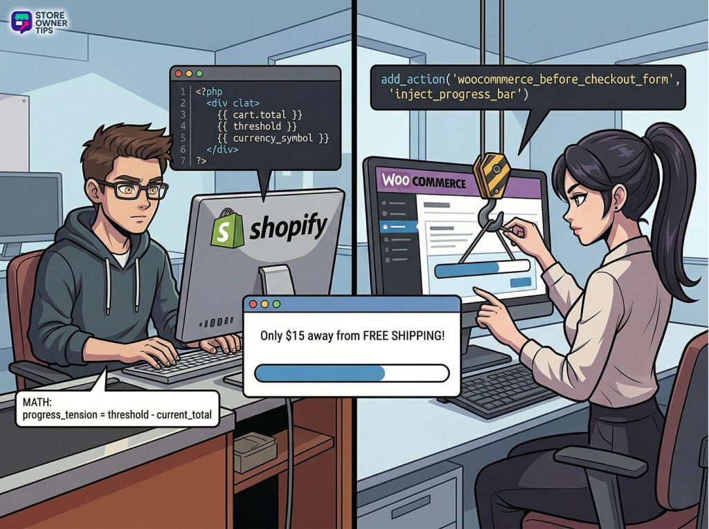 Developers on Shopify and WooCommerce building visual progress bars using specific coding languages.