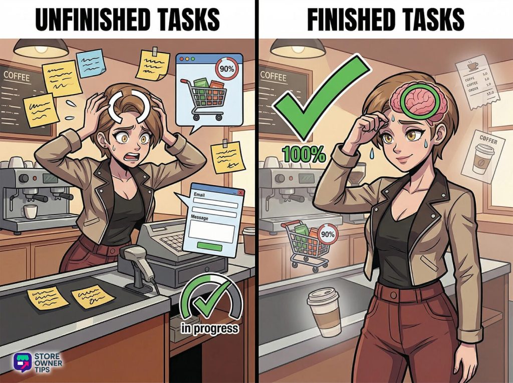 A comparison infographic illustrating the Zeigarnik Effect. A stressed character with an open-loop brain is shown on the left under "UNFINISHED TASKS," and a relaxed character with a closed-loop brain is on the right under "FINISHED TASKS.