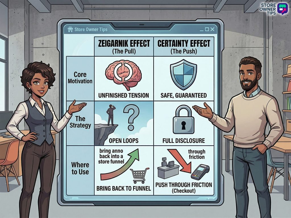 An infographic comparing the core motivation, strategy, and memory impact of the Zeigarnik Effect and Certainty Effect.