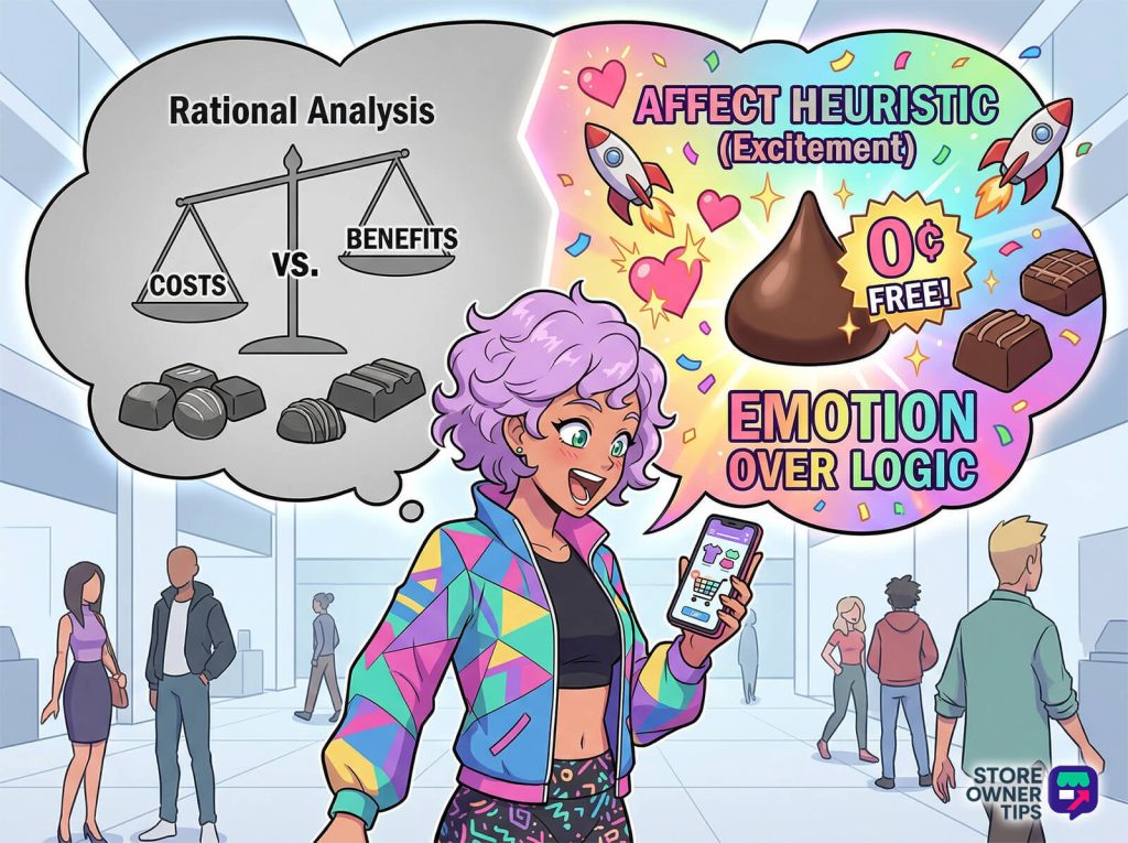 An ecstatic female shopper on her phone, visualizing the dramatic psychological shift from logic to emotion triggered by a free offer.