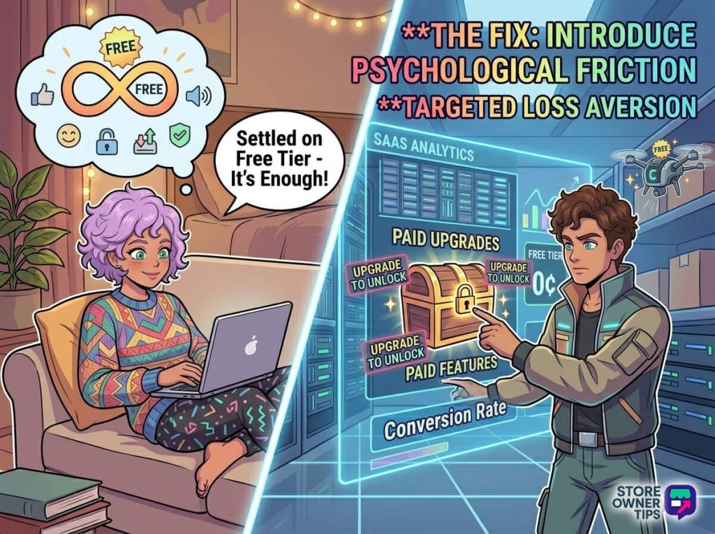 Split-screen illustration showing a comfortable software user stuck in a free tier, compared to a strategist introducing psychological friction to encourage paid upgrades.