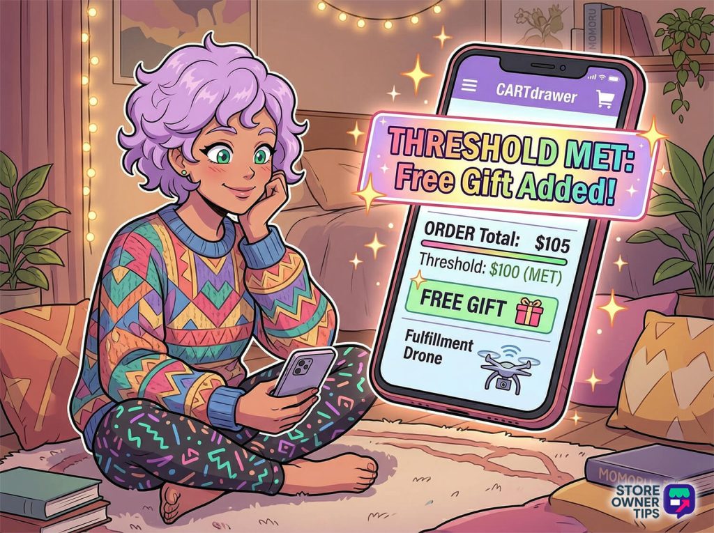 A happy shopper sitting in her cozy bedroom, looking at her smartphone screen that displays a 'Threshold Met' notification for a free e-commerce gift.