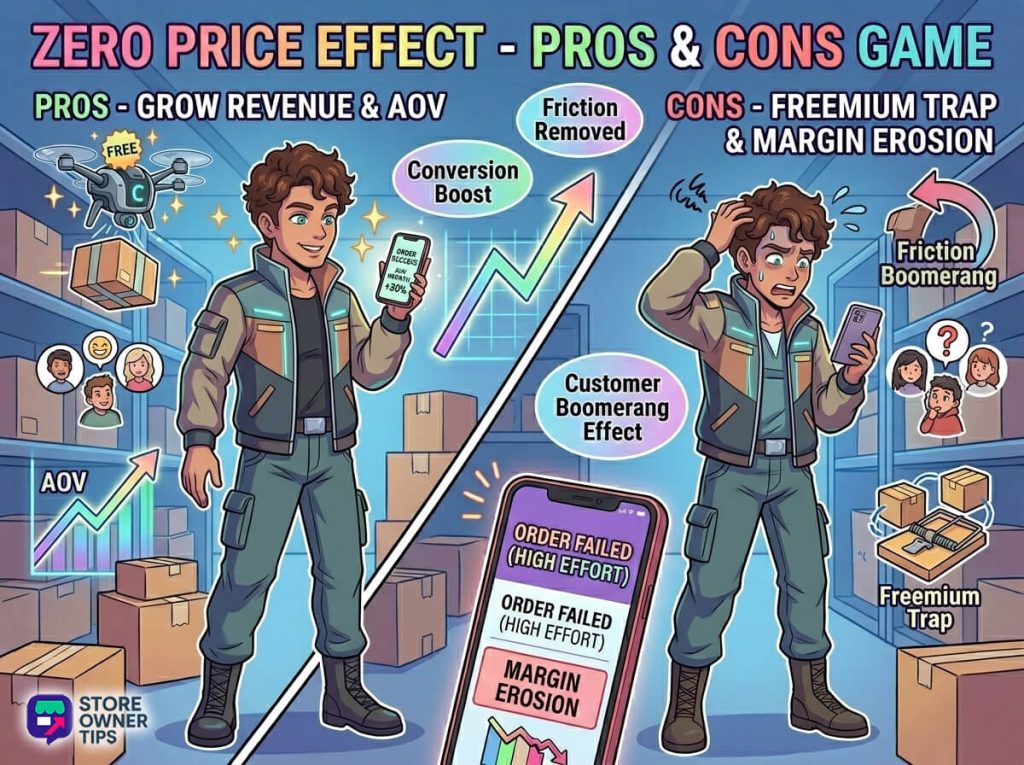 The pros and cons of the Zero Price Effect in e-commerce, showing a store owner experiencing increased revenue on one side and margin erosion on the other.