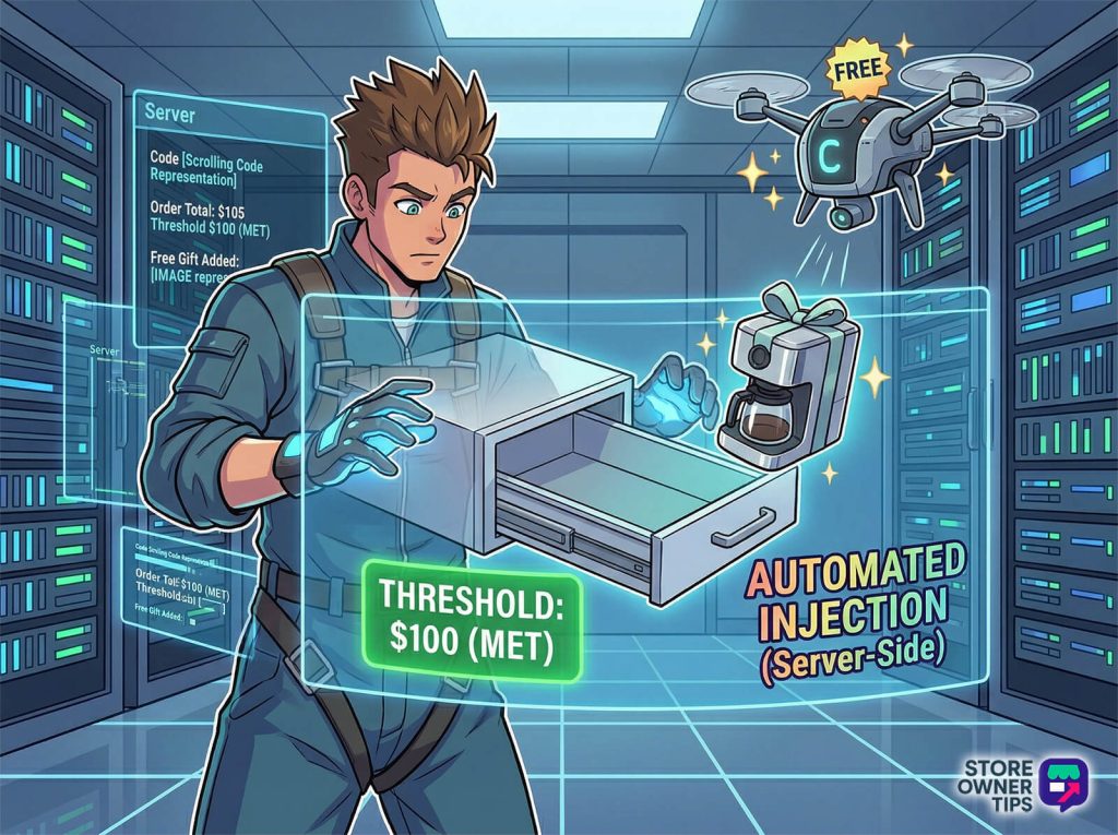 An automatic backend technical process injecting a free gift into an e-commerce cart drawer without user input.