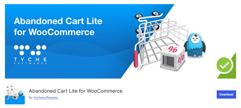 Blue promotional banner for 'Abandoned Cart Lite for WooCommerce' showing a tipped shopping cart, barcode discount cube and Tyche Softwares logo.