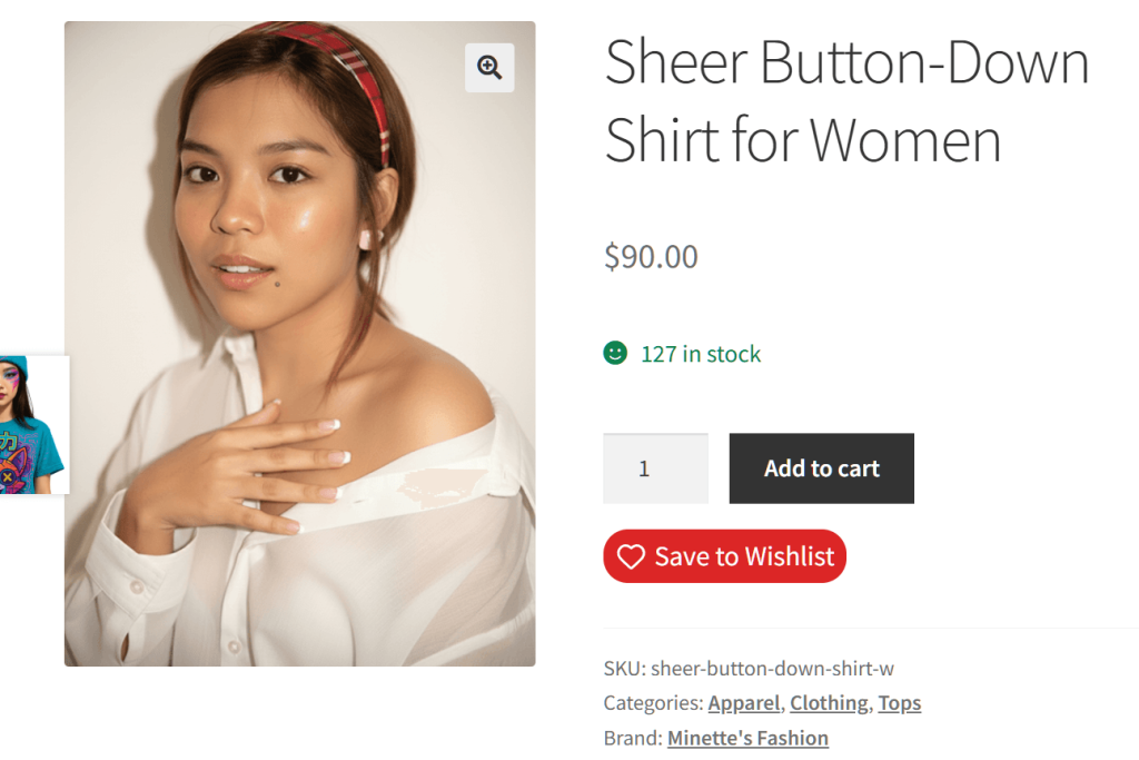 add-wishlist-button-product-page-denise - Store Owner Tips Portrait of a woman wearing a white sheer button-down shirt, looking at the camera against a beige background.