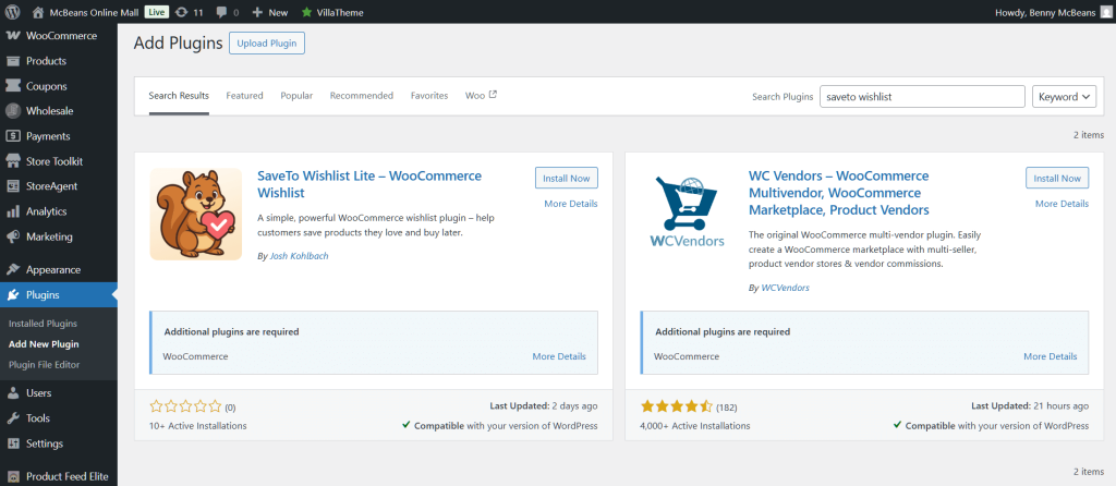 add-wishlist-plugins-add-new-plugin-saveto-wishlist - Store Owner Tips Screenshot of WordPress Add Plugins results showing SaveTo Wishlist Lite and WC Vendors plugins