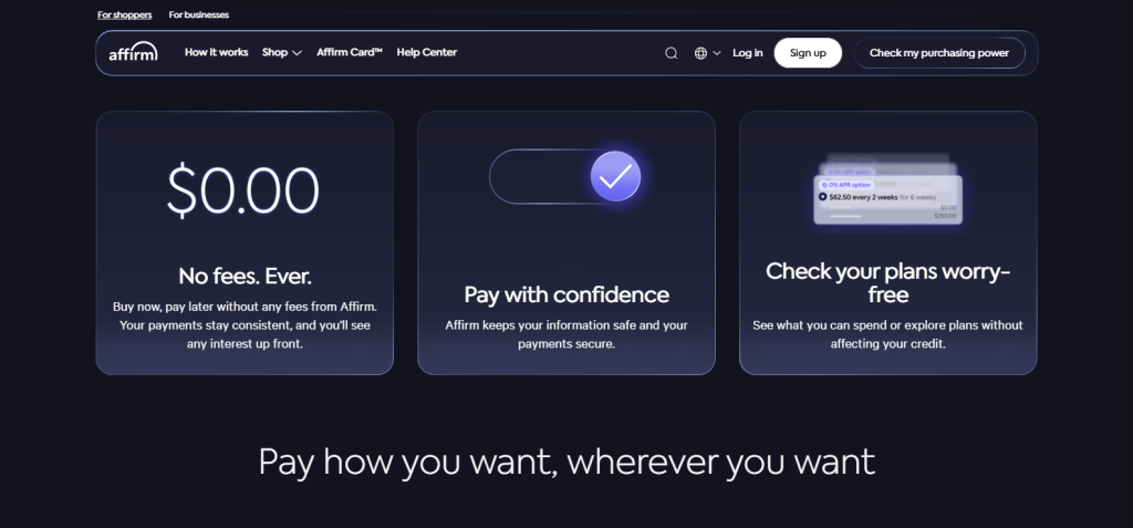 A dark Affirm webpage displays three rounded promotional panels highlighting <img title=