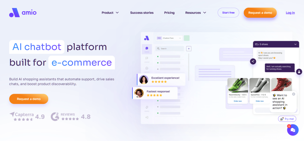amio-homepage-2026 - Store Owner Tips Amio homepage hero with gradient background, left-aligned headline about an AI chatbot platform for e-commerce and an orange Request a demo button.