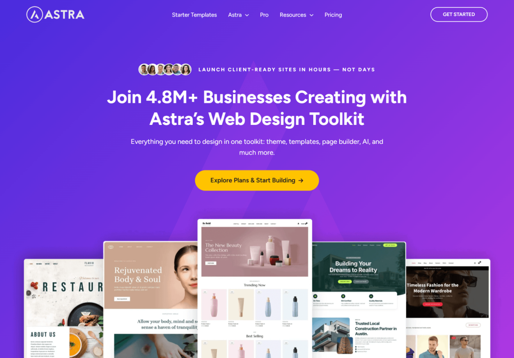 Purple Astra homepage showcasing bold headline inviting 4.8M+ businesses to use its web design toolkit, with templates and a yellow call-to-action.