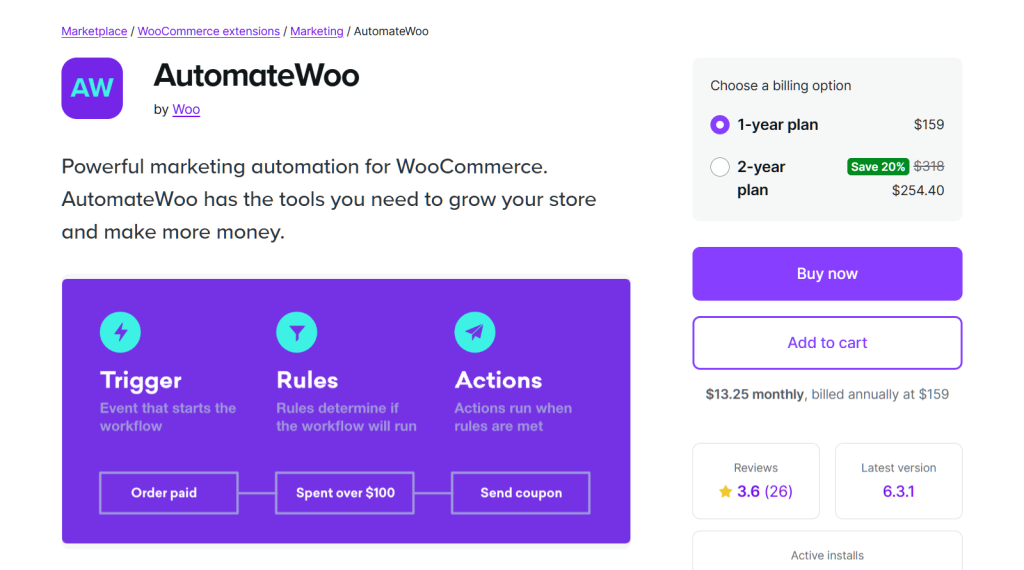 AutomateWoo product page showing purple branding, pricing options, and a Trigger-Rules-Actions infographic explaining marketing automation for WooCommerce stores.