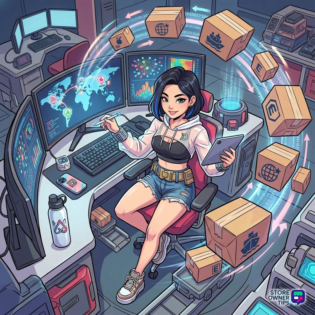 Cartoon woman at a multi-monitor control desk with floating shipping boxes and global delivery icons around her.