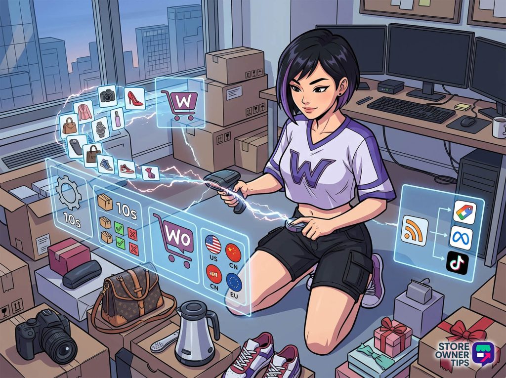 A female store worker kneels among boxes, using a holographic shopping dashboard with icons for products and a cart symbol in a high-tech warehouse setting.