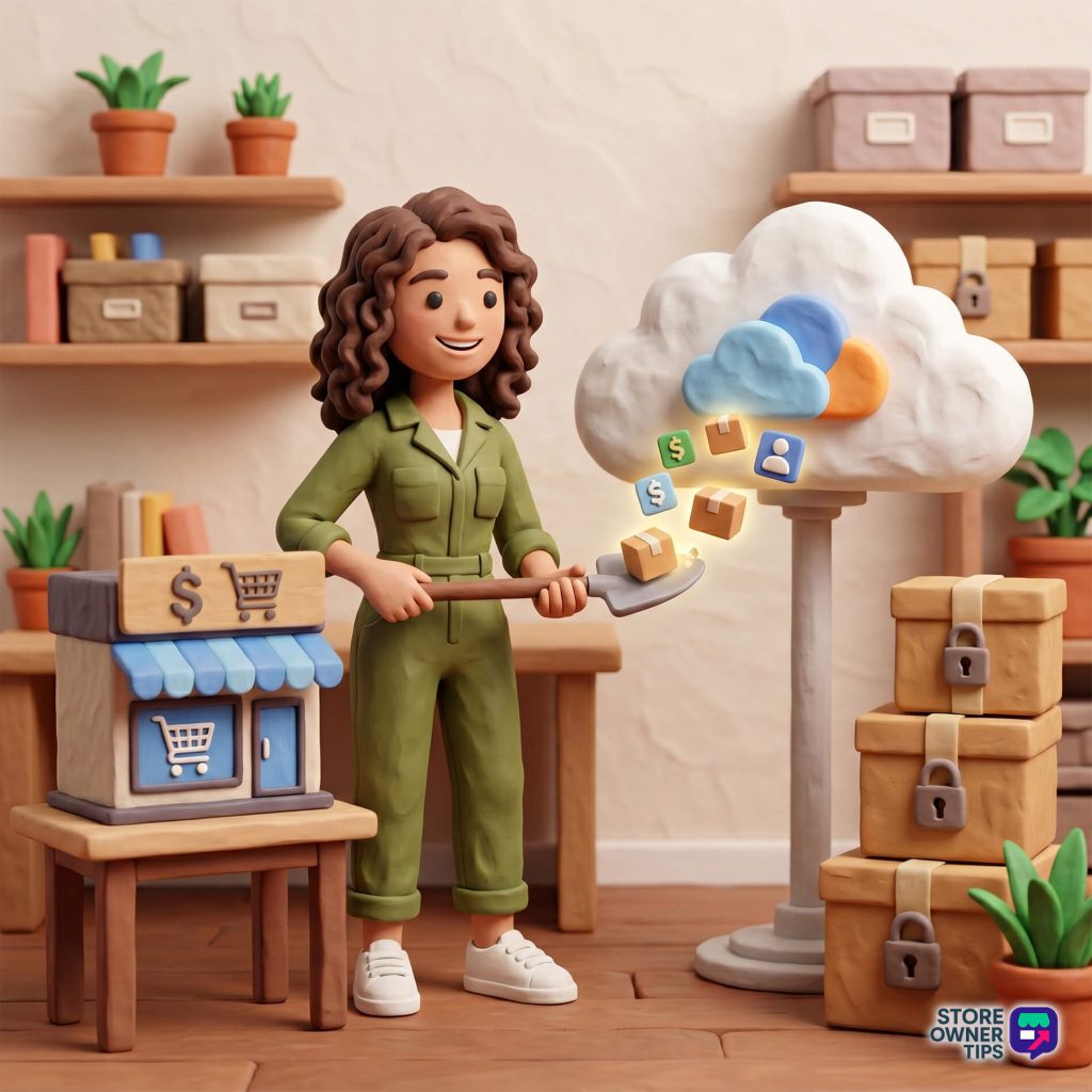Claymation store clerk in green overalls shovels floating shopping and money icons from a cloud, with shelves and locked boxes in the background.