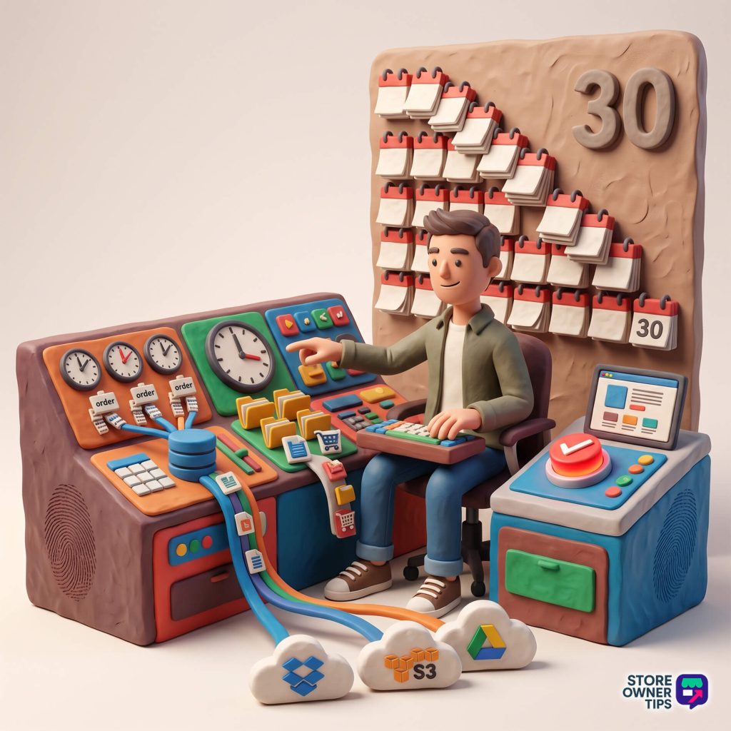 Cartoon store clerk at a colorful checkout with many calendar cards and clocks; Store Owner Tips logo in the corner