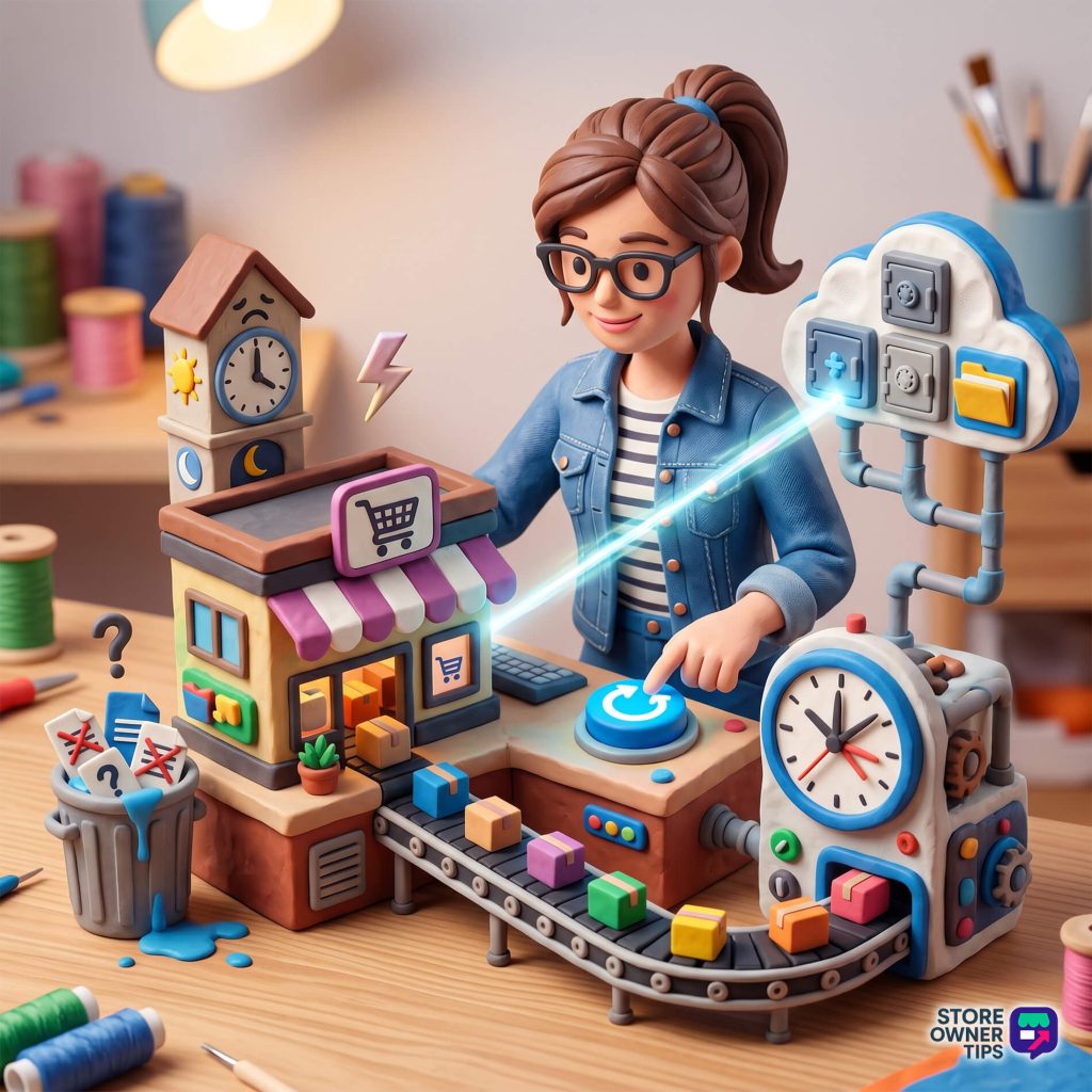 Claymation woman with glasses builds a toy storefront with a conveyor belt, clocks, and colorful blocks in a workshop scene.