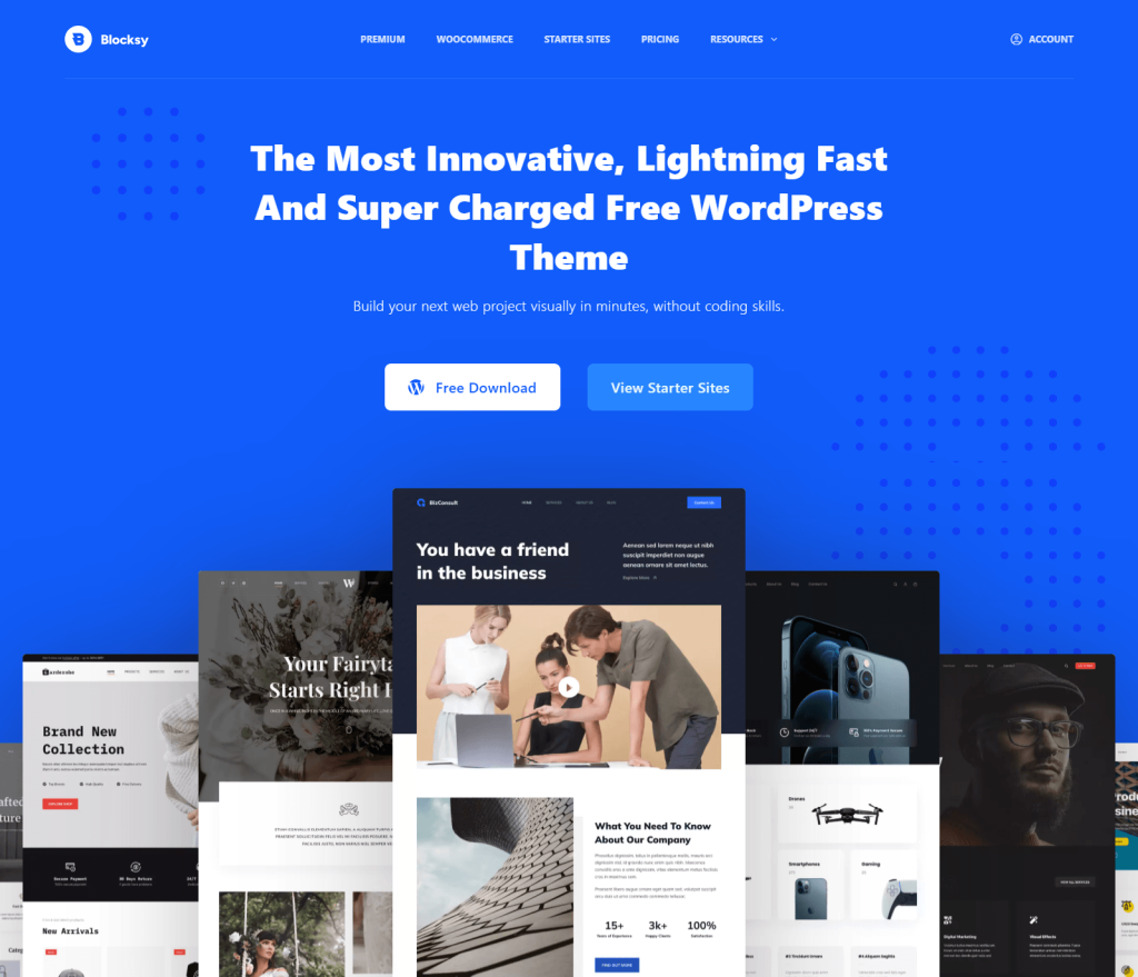 Bright blue Blocksy WordPress theme hero promoting a fast, innovative free theme with call-to-action buttons and overlapping starter-site previews.