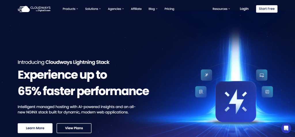 Cloudways Lightning Stack promotion on a dark blue webpage, showcasing a glowing lightning icon and bold text promising up to 65% faster performance.
