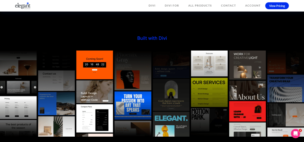 Elegant Themes webpage showing a dark gallery of colorful website thumbnails beneath a centered 'Built with Divi' heading, showcasing template designs.