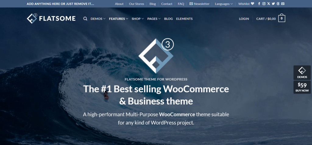 Hero website banner for Flatsome WordPress theme showing logo and headline over a dramatic blue ocean wave, promoting WooCommerce.