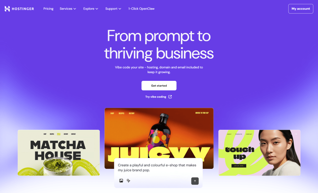 Hostinger landing page with bold purple gradient, headline 'From prompt to thriving business,' call-to-action button and three colorful website templates showcased.