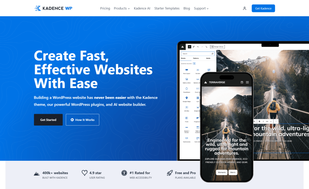 Website hero showcasing Kadence WP branding, with bold blue headline and device mockups (tablet and smartphone) displaying a mountain adventure site.