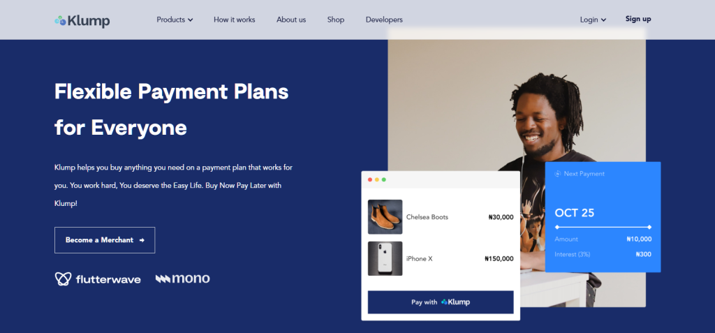 Smiling man beside a demo payment interface showing items, amounts, and a blue'Next Payment' card dated OCT 25 on navy background.