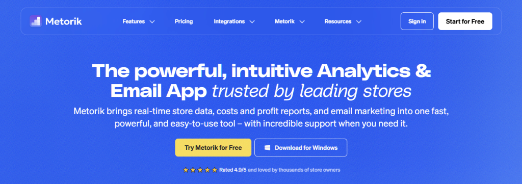 Metorik homepage hero showing bold headline about analytics and email app, blue gradient background, buttons inviting users to try free or download.