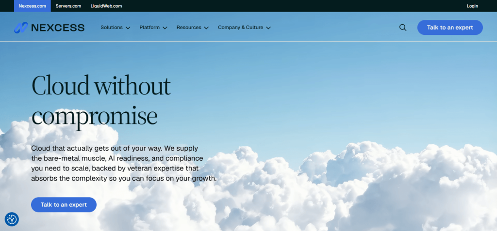 Website hero showing Nexcess branding and the headline Cloud without compromise over bright blue sky and billowing white clouds with a call-to-action button