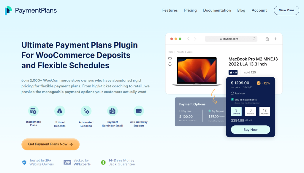 Website hero for PaymentPlans plugin showing a MacBook product page and interactive payment-plan widget offering installment options, pricing, and call-to-action.