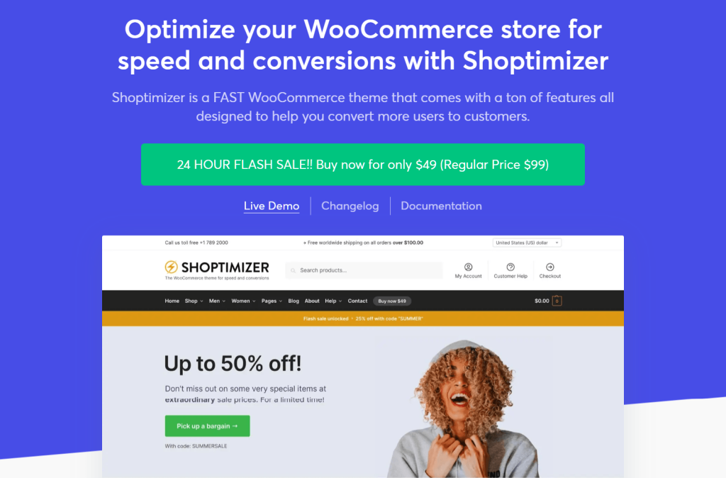 Website hero advertising Shoptimizer WooCommerce theme, bold purple background, green flash sale banner and screenshot showcasing up to 50% off promotion.