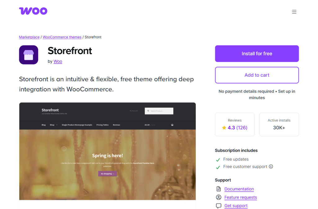Website product page for WooCommerce's free Storefront theme, showing description, install and add-to-cart buttons, ratings, and preview screenshot.