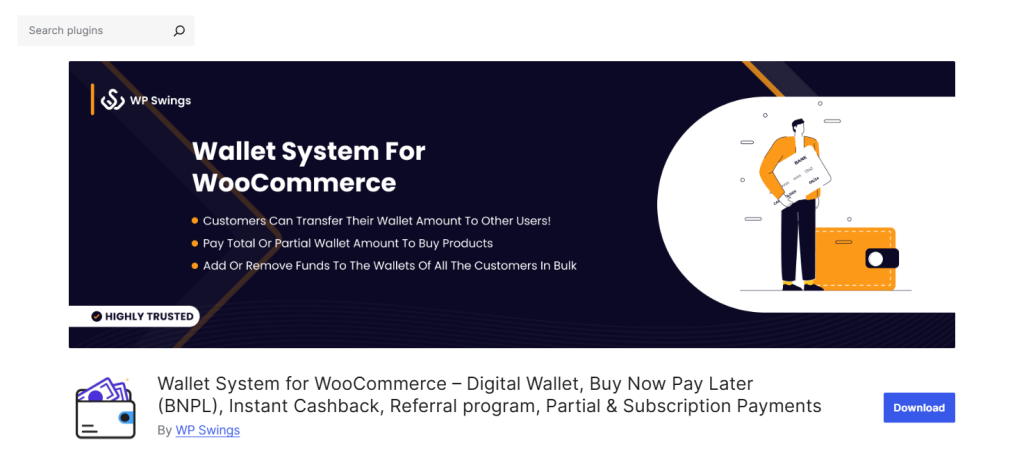 Promotional banner for a Wallet System for WooCommerce featuring orange-and-navy design, bullet feature list, and illustration of person holding a card and wallet.