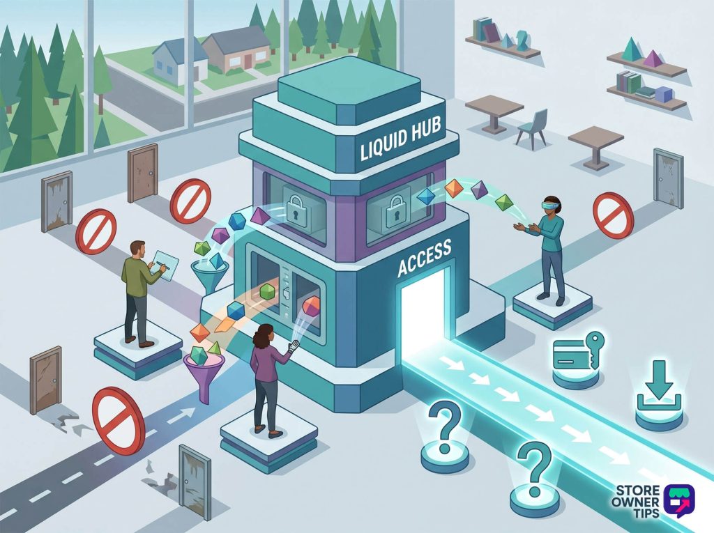 what-happened-to-iconicwp-answered - Store Owner Tips A minimalist geometric vector infographic with a diverse small team, visually showing the redirection from blocked former paths to a central LIQUID HUB for ACCESS with universal icons.